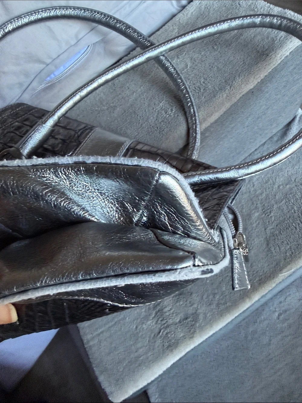 RIPANI Silver Pewter Croc-Embossed Satchel with Medallion Detail